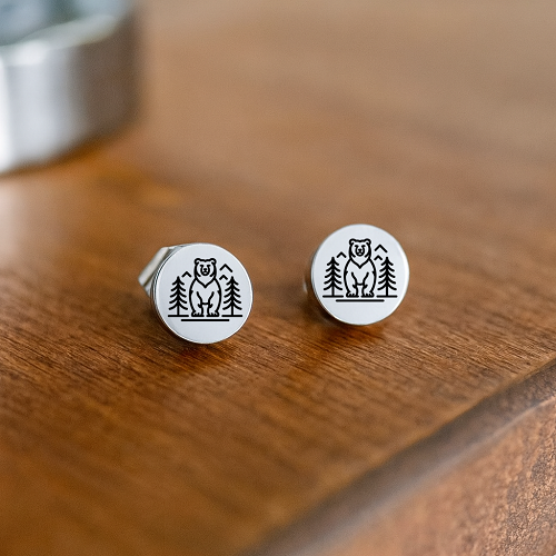 Woodland bear forest stud earrings with evergreen trees and mountains for nature and outdoor lovers 