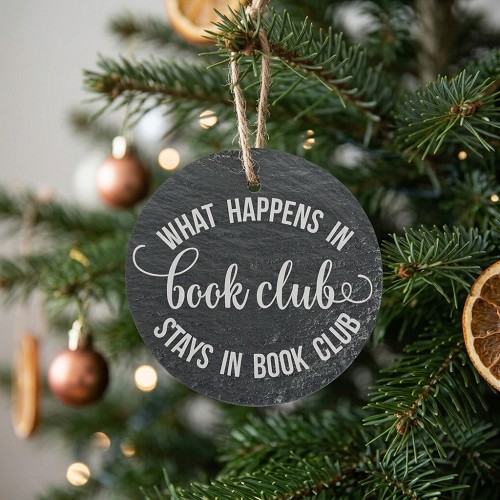 Funny What Happens in Book Club Stays in Book Club slate Christmas ornament with personalized back 