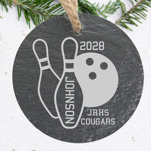 Personalized bowling senior ornament with bowling ball pins player last name school team information and graduation year 