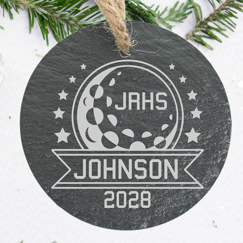 Personalized golf senior ornament with golf ball school initials player last name and graduation year 