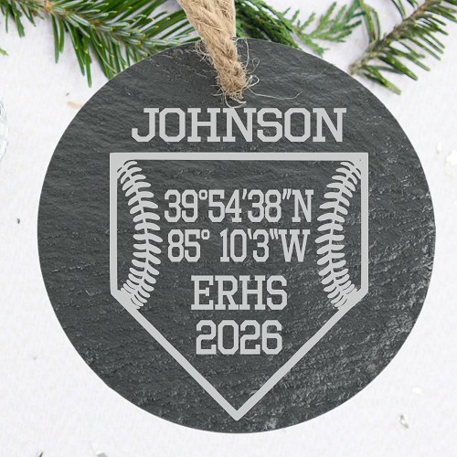 Personalized baseball home plate ornament with player last name GPS field coordinates school initials and senior year 