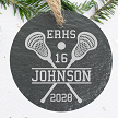 Personalized lacrosse senior ornament with crossed lacrosse sticks school initials player number last name and graduation year 