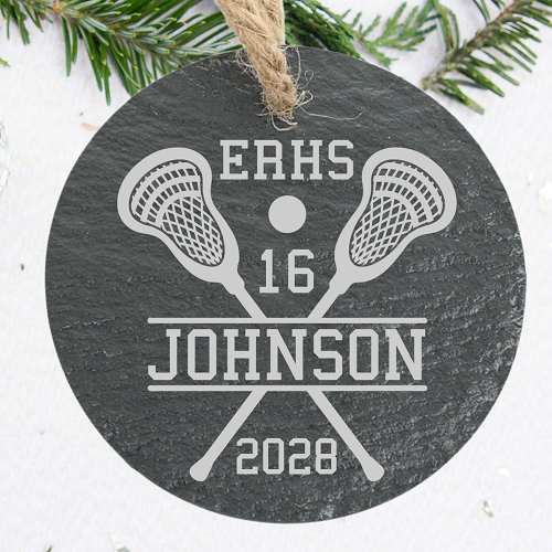 Personalized lacrosse senior ornament with crossed lacrosse sticks school initials player number last name and graduation year 