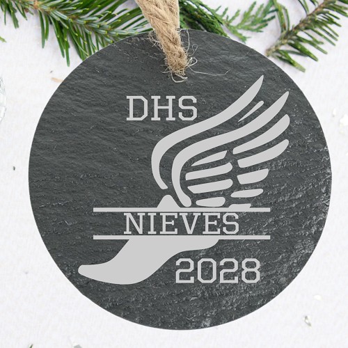 Personalized track and field senior ornament with winged running shoe school initials runner last name and graduation year 