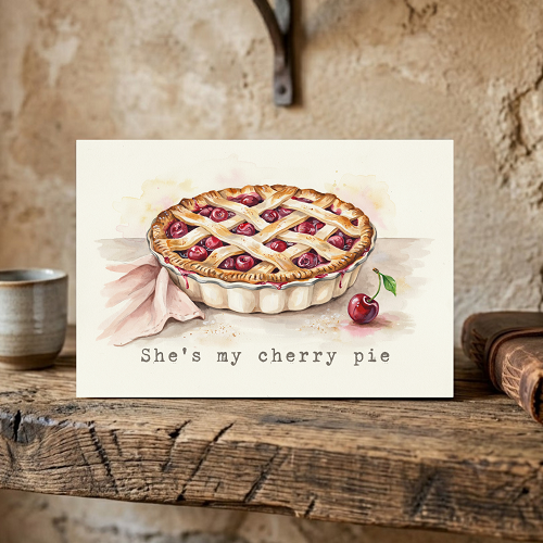 She's My Cherry Pie sign with watercolor lattice cherry pie illustration, red cherries and vintage-inspired romantic kitchen design 