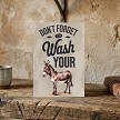 Funny Don't Forget to Wash Your Ass bathroom sign with vintage watercolor donkey illustration and neutral rustic background 