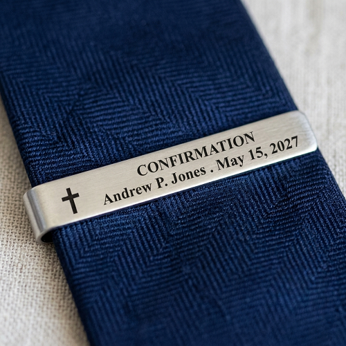 Personalized Confirmation tie bar with cross recipient name Confirmation date and optional short back personalization 
