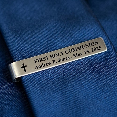 Personalized First Holy Communion tie bar with cross, recipient name and communion date 