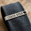 Personalized football coach tie bar engraved with coach name and football design with optional back personalization for coach appreciation gift 