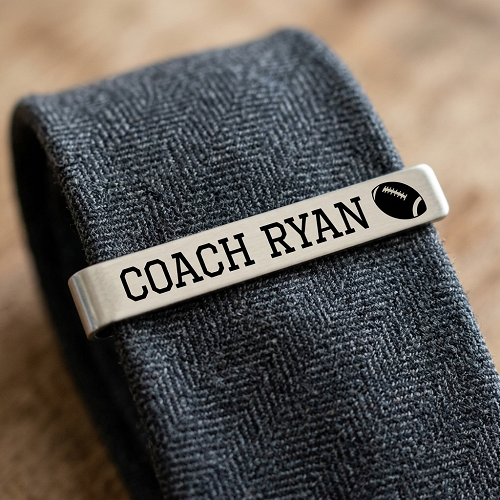 Personalized football coach tie bar engraved with coach name and football design with optional back personalization for coach appreciation gift 