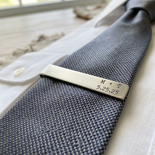 Personalized wedding tie bar with couple initials and wedding date plus optional short message on back 