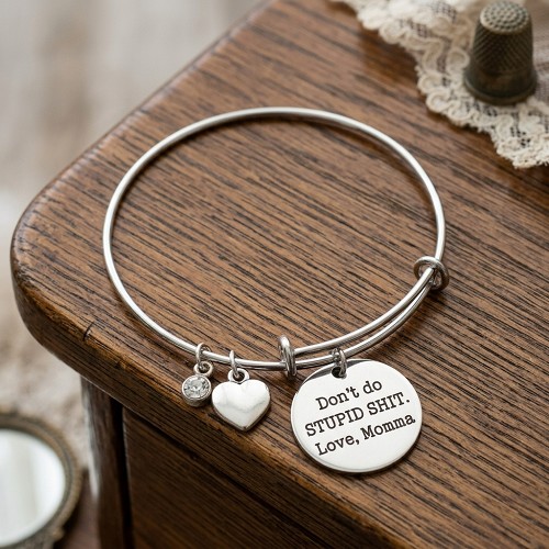 Funny personalized Nana expandable bangle bracelet with engraved charm, birthstone crystal and silver heart charm 