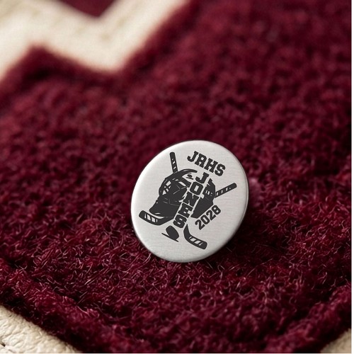 Personalized hockey varsity letterman jacket pin with school initials player last name year hockey helmet sticks gloves and puck 