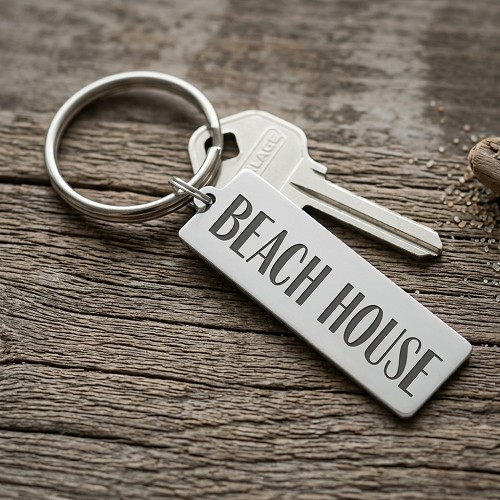 Beach House keychain for coastal vacation home keys with optional personalized message on back 