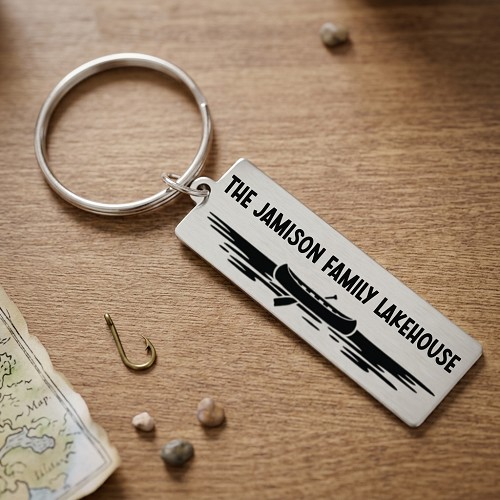 Personalized lake house keychain with canoe, family name and established year with optional custom message on back 