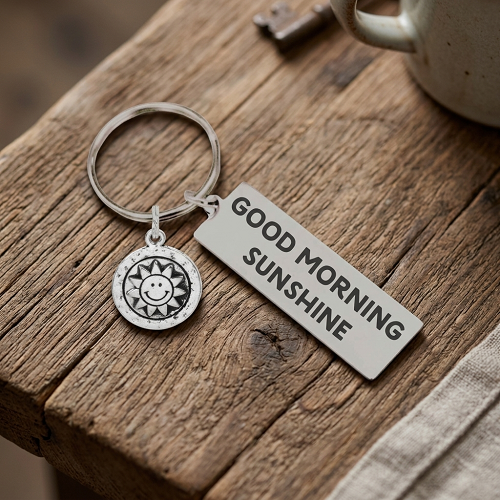 Good Morning Sunshine keychain with smiling sun charm and optional personalized message on back 