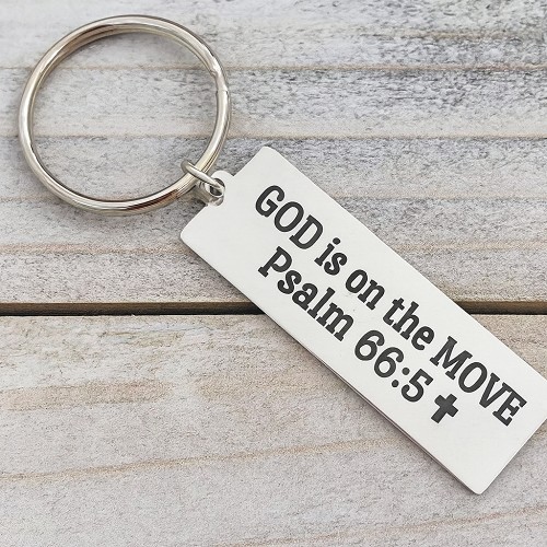 God Is on the Move Psalm Christian keychain with cross and optional personalized message on back 