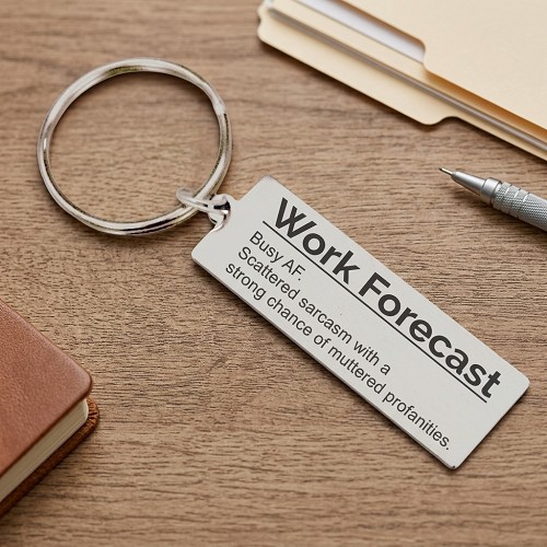 Funny Work Forecast keychain with Busy AF scattered sarcasm and muttered profanities saying and optional personalized back 