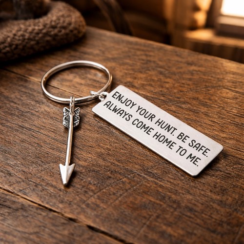 Hunter keychain with arrow charm and enjoy your hunt be safe always come home to me message with personalized back 