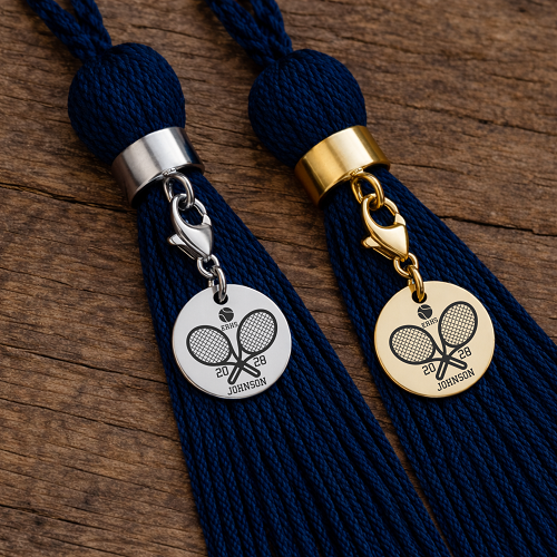 Personalized tennis graduation tassel charms in silver and gold with tennis rackets, player name, school initials and graduation year 