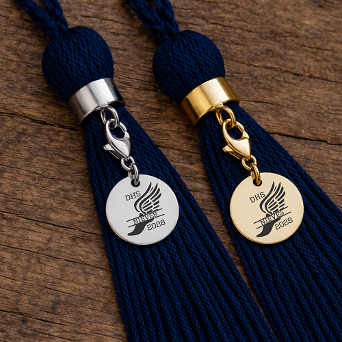 Personalized track and field graduation tassel charms in silver and gold with runner school name and graduation year 