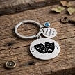 Personalized comedy and tragedy theater masks keychain with custom mini tag and birthstone charm 