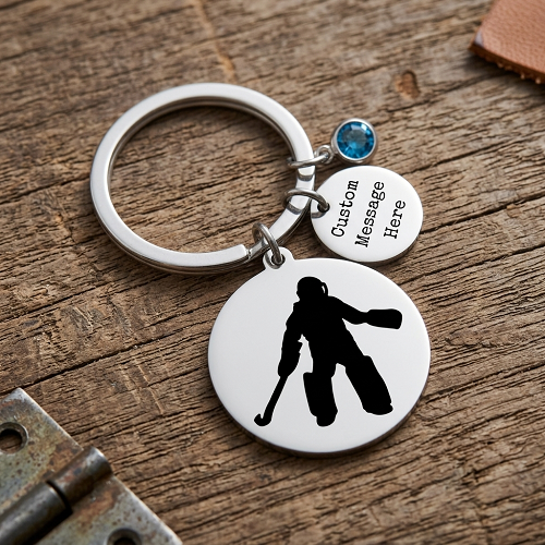 Personalized field hockey goalie keychain with goalie silhouette custom message tag and birthstone charm 