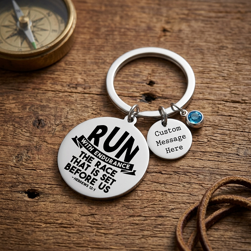 Run With Endurance Hebrews personalized runner keychain with custom message tag birthstone accent and optional personalized back 