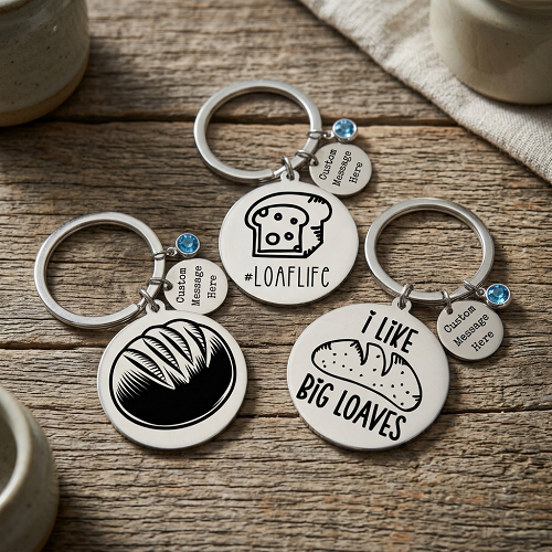 Personalized sourdough bread lover keychain with choice of bread design custom message tag birthstone accent and personalized back 