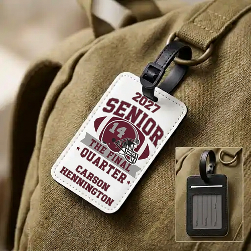 Personalized senior football bag tag with The Final Quarter design, player name, jersey number, graduation year and team colors 