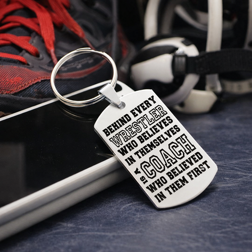Wrestling coach appreciation keychain with inspirational coach quote and optional personalized back 