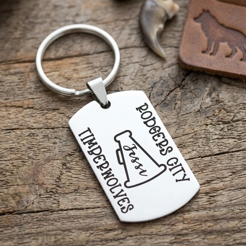 Personalized cheerleader keychain with custom name inside cheer megaphone and school or team information with optional personalized back 