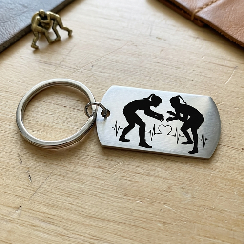 Female wrestling keychain with two women wrestlers heartbeat heart design and optional personalized back 