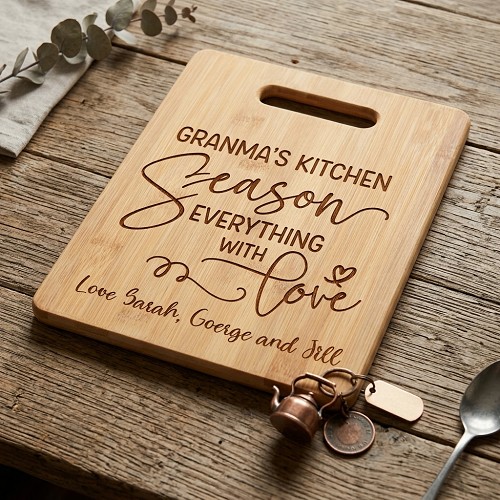 Season Everything With Love personalized cutting board with custom kitchen name and personalized bottom text 