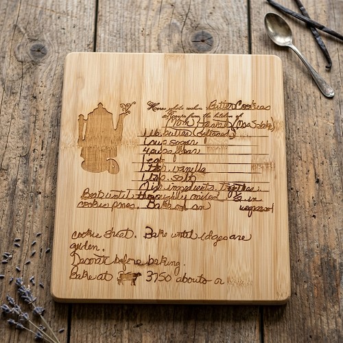 Custom handwritten family recipe cutting board available in acacia bamboo maple and walnut with engraved or UV printed recipe 