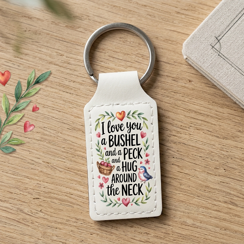 I Love You a Bushel and a Peck keychain with colorful hearts and floral design and optional personalized back 