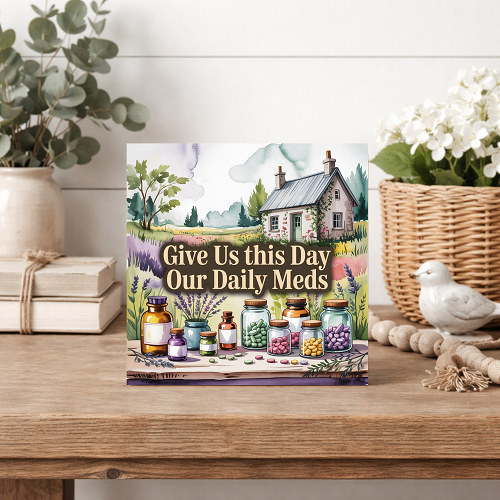 Funny Give Us This Day Our Daily Meds sign with colorful watercolor cottage, wildflowers and assorted medication and pill bottles 
