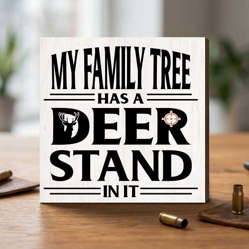 My Family Tree Has a Deer Stand in It funny hunting sign with deer silhouette for hunters and outdoorsmen 