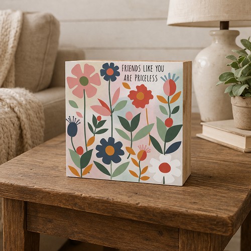 Friends Like You Are Priceless friendship sign featuring colorful whimsical flowers and leaves in a cheerful floral design 