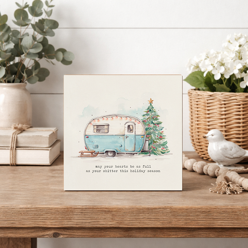 Funny Christmas camper sign reading May Your Hearts Be as Full as Your Shitter This Holiday Season with watercolor vintage camper and Christmas tree 