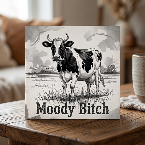 Moody Bitch funny cow sign with rustic farmhouse cow artwork 
