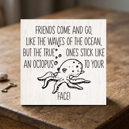 Funny octopus friendship sign reading friends come and go like waves but true ones stick like an octopus to your face 