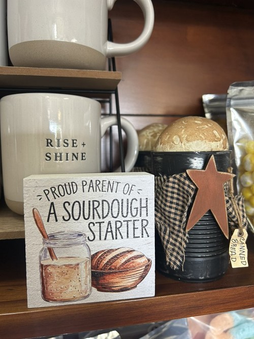 Proud Parent of a Sourdough Starter funny sign with sourdough starter jar and bread loaf design 