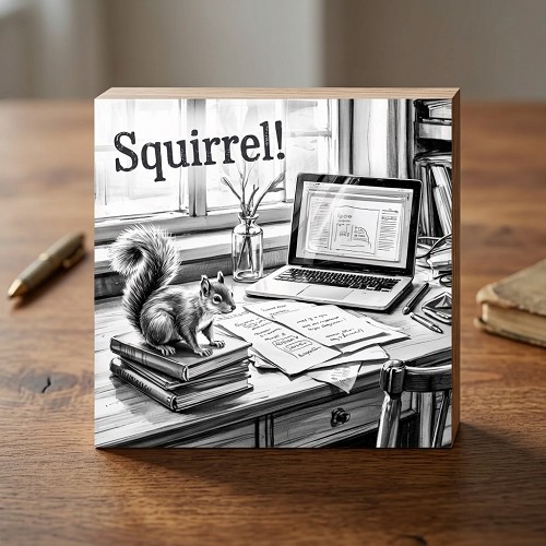 Funny Squirrel sign with black and white squirrel illustration sitting on books in a cluttered office workspace 