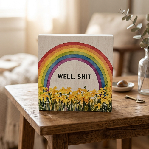 Well Shit funny rainbow sign with colorful watercolor rainbow and flowers 