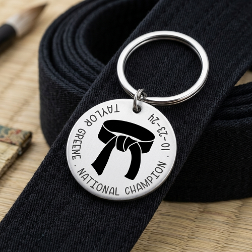 Personalized black belt martial arts keychain with custom name date championship and back message 