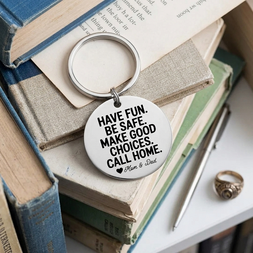 Have Fun Be Safe Make Good Choices Call Home personalized keychain with custom Mom and Dad names 