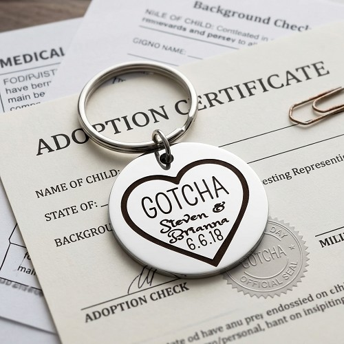 Personalized Gotcha Day adoption keychain with child name and adoption date heart design 