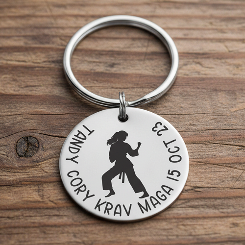 Personalized female martial arts karate taekwondo krav maga keychain with custom name and date 