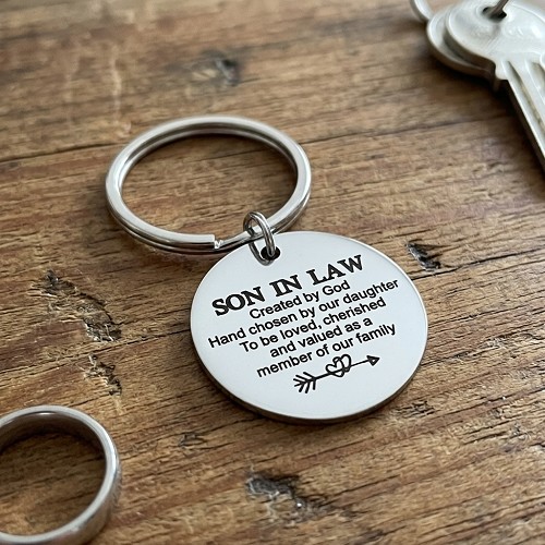 Son in law keychain with heartfelt family message and optional personalized back gift from mother and father in law 